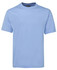 A light blue T-shirt with a round neck and short sleeves, featuring a logo on the tag.