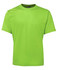 A bright green t-shirt with short sleeves and a round neckline, featuring a logo on the label.