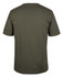 A plain olive green t-shirt with short sleeves and a round neck, featuring a logo.