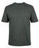 A dark green T-shirt featuring short sleeves and a crew neckline, with a branding logo on the label.