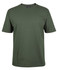 A green T-shirt with short sleeves and a round neck, featuring a logo on the label.
