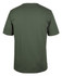 A plain green t-shirt displayed from the back, featuring a simple design and a logo.