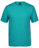 A teal T-shirt with a round neck and short sleeves, featuring a label inside the collar.
