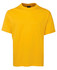 A yellow t-shirt with a round neckline and short sleeves, featuring a logo.
