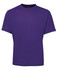 A purple t-shirt featuring a simple design and a logo on the neckline.