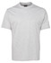 A light grey T-shirt with a round neckline and short sleeves. It features a logo on the collar.