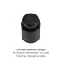 A drink bottle with a black push button wine stopper featuring a scale to mark dates. It has a sleek design and includes branding.