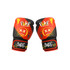 Kids boxing gloves in red and black with vibrant graphic designs, featuring a logo on the wrist strap.