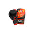 Kids boxing gloves in black and red with vibrant graphic designs and a logo on the strap.