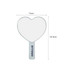 A heart-shaped handheld mirror with a white reflective surface and a handle, measuring 13cm by 18.5cm.