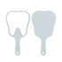A tooth-shaped face mirror in white with a handle, featuring a glossy reflective surface.