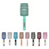 A range of detangler bristle hairbrushes in various colours, featuring a green brush at the centre, with a logo.