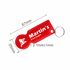 A red custom-shaped trolley coin keyring with a keychain attachment, featuring a branding logo and specific dimensions.