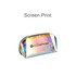 A holographic cosmetic pouch featuring a zip closure and a logo, displaying iridescent colours.