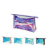 A transparent, holographic cosmetic bag in purple, with a zipper closure and a logo. Available in pink, silver, and black options.