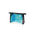 A transparent, iridescent travel cosmetic bag with a black trim and a structured design.