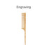 A bamboo rat tail comb with a pointed end and fine teeth, featuring an engraved logo.
