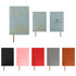 A collection of Soft PU Leather Notebooks in various colours including blue, pink, red, black, and brown, featuring a logo.