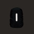 A black reflective backpack rain cover featuring a vertical reflective strip. It has a simple design and a logo.