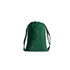 A green silk velvet drawstring bag with matching drawstrings and a smooth texture. It features a logo.
