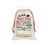 A cream-coloured drawstring bag with festive graphics and red accents, featuring a logo and holiday-themed text.