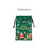 A green polyester drawstring gift bag featuring festive Christmas illustrations, including Santa and reindeer. It has a logo.