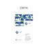A NFC PVC business card featuring a geometric blue and green pattern, with a logo and contact information layout.