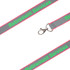 A grey safety lanyard with pink edges and a metal clip, featuring text and a logo.
