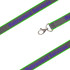 A grey safety lanyard with green edges and a metal clip, featuring branding.