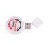 A round domed white flash drive with a removable cap and a logo, featuring red and black design elements.