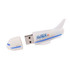 An aeroplane-shaped flash drive in white, featuring blue accents and a logo. The nose section detaches to reveal the USB connector.
