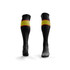 A pair of black soccer socks featuring a yellow stripe and red accents. The socks have a logo on them.