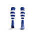 Blue soccer socks with white stripes and a logo, designed for sports uniforms.