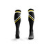 Black soccer socks featuring yellow and white stripes, complete with a logo. Designed for sports uniforms.