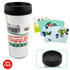A travel mug featuring a black lid and a white design with colourful graphics and a logo. BPA free.