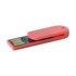 A red paper clip-style flash drive with a protective cap, featuring a small logo on the side.