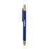 A blue bamboo click pen with a wooden clip and a logo on the body.