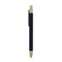A black bamboo click pen with a natural bamboo tip and silver accents, featuring a clip and branding.