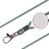A green and white patterned lanyard featuring a retractable badge holder with a metal clip for attachments.