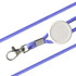 A blue and white lanyard with a retractable reel and a silver clip, featuring a round white button.