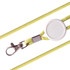 A yellow and white lanyard with a retractable reel and a metal clip for holding ID cards or keys.
