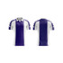A purple and white polo soccer jersey featuring a logo and unique sleeve design.