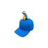 A blue baseball cap featuring a plush parrot sitting on the top. The cap has a logo on the side.