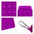 A purple silicone square bubble board with a carabiner clip and multiple popping segments. Features a logo.