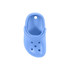 A blue clog shoe-shaped charm, featuring ventilation holes and a strap at the back, with a round hole at the top.