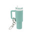 A drink bottle keyring in teal with a white lid and straw, featuring a keychain attachment.