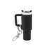 A drink bottle keyring in black with a white lid and straw, featuring a metal keyring attachment.