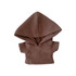 A brown plush hoodie featuring a large hood and short sleeves, with stitching detail. It has a simple design and texture.