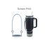A drink bottle with a dark body and light blue silicone carry strap featuring metal attachments.