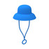A blue silicone straw cover shaped like a bucket hat with a loop for securing. It has a simple design and features a logo.